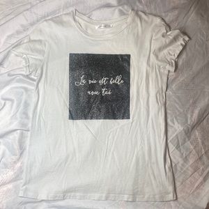Terranova Graphic French White Black Sparkle T Shirt Size Small